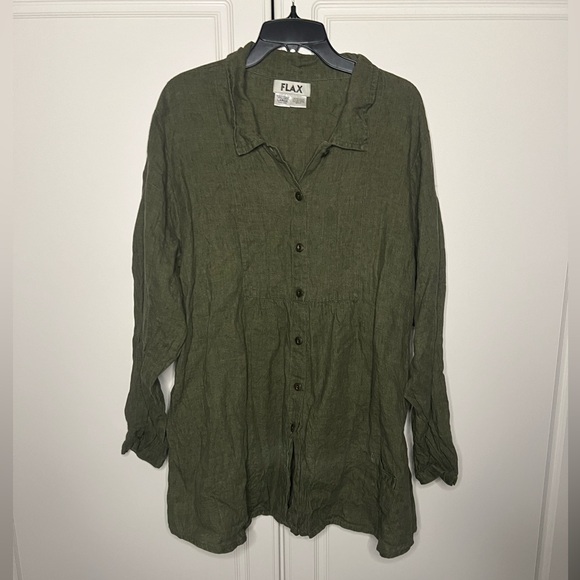 Flax Tops - FLAX Linen Tunic Top Olive Green Large Lagenlook Button Front
